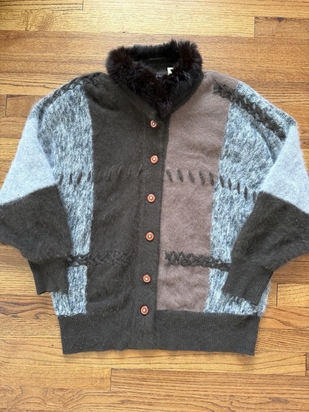 Vintage Belldini Colorblock Angora Blend Cardigan with Fur Collar - Size M